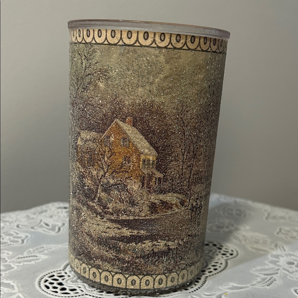 Vintage 80s Sugared “Crysto’-Glass” Candle Holder.  Winter Scene